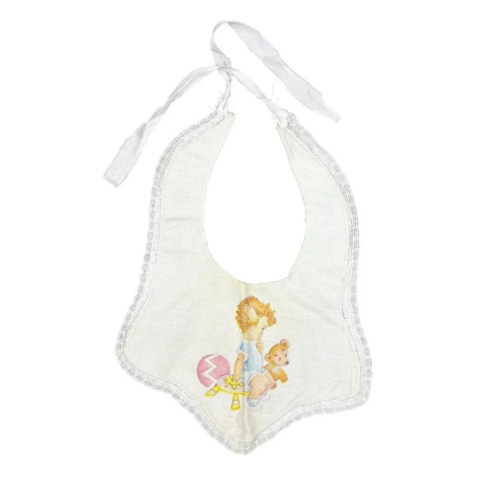 Vintage Antique Baby Bib Embroidered Child Playing with Teddy Bear Lace Trim